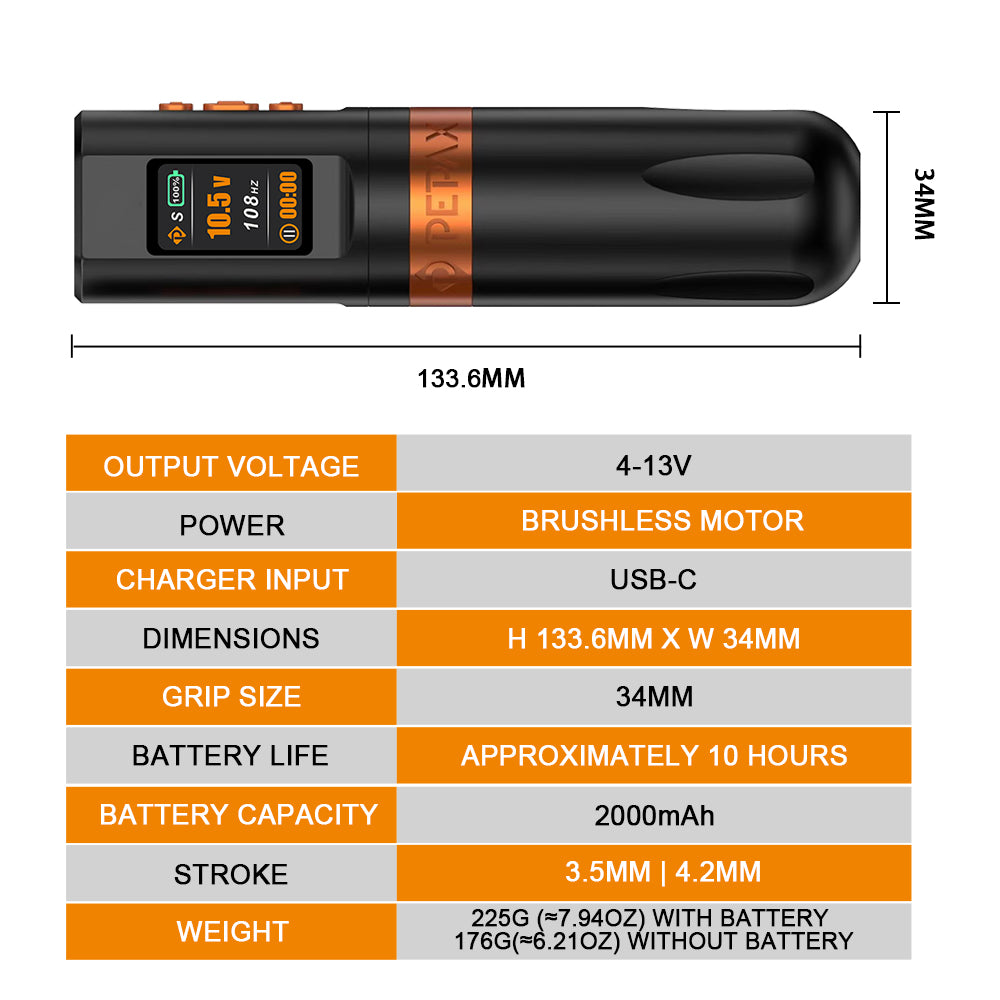 PEPAX Leve H2 Wireless Tattoo Pen Machine Professional Bundle 4.2 Stroke Orange